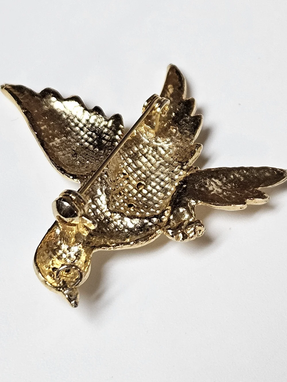 Gold Dove Brooch with Clear Crystals and Red Eye